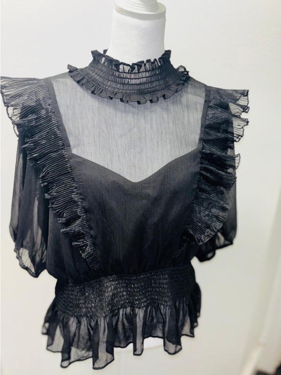 Guess Tops - Guess Black Sheer Ruffle Mock-Neck Blouse